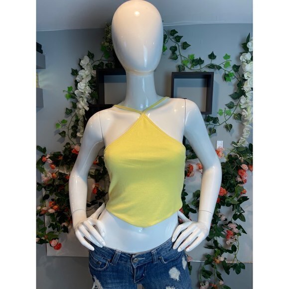 Halter Ribbed Stretch Yellow Cropped Top Size M refFNB - Picture 5 of 10